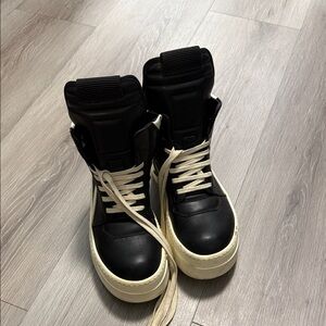 Rick Owens Black and Cream High-Top Leather Sneakers